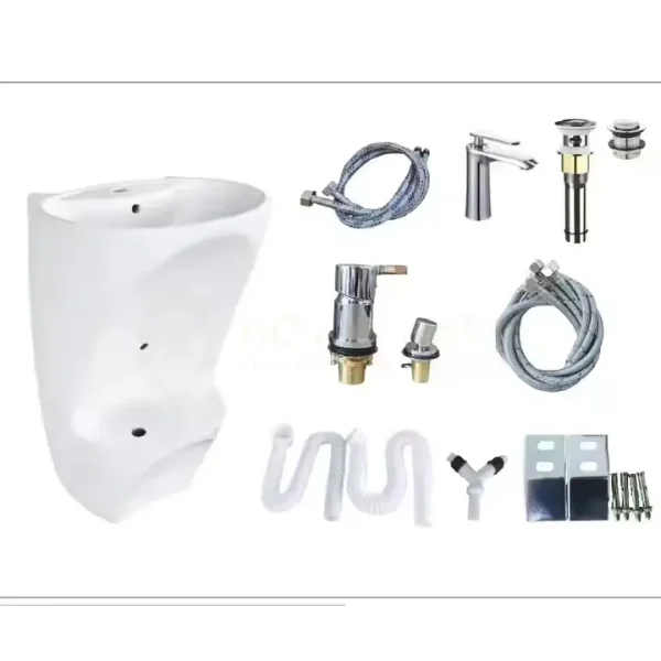 Durable ceramic Wudu sink with integrated foot-wash basin. Space-saving, hygienic, and perfect for daily use.