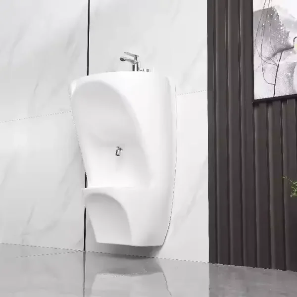 Wall-mounted Wudu ablution sink with built-in foot-wash basin. Strong ceramic design, easy maintenance, and quick installation.